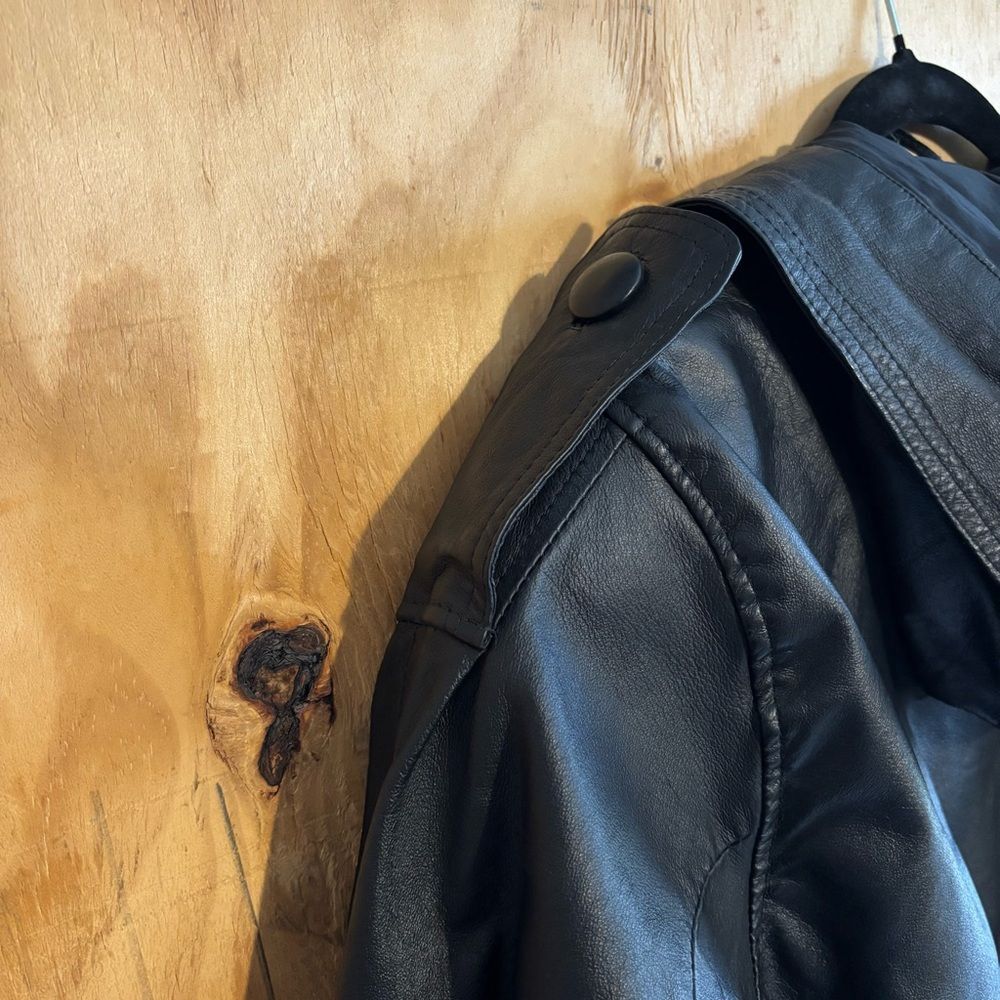Vintage 90s D.A.N.Y Black Leather Lined Long Drawstring Jacket Coat Classic Sz S - Picture 7 of 9